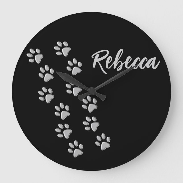 Silver Dog Paws black Background Print Pattern Large Clock (Front)
