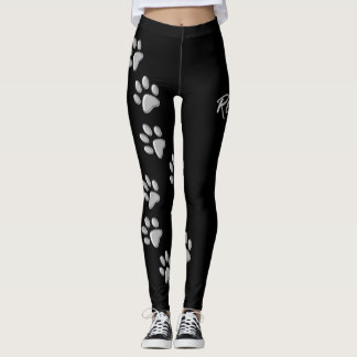 Silver Dog Paws black Background Print Pattern Leggings