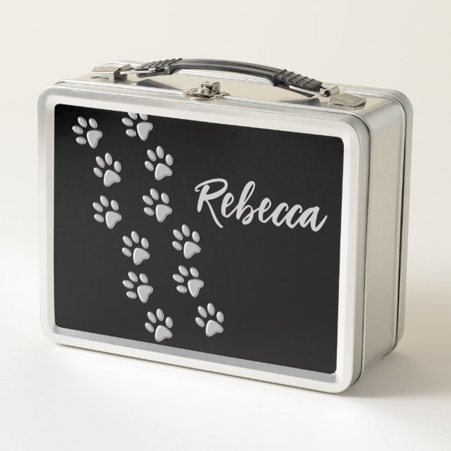 Silver Dog Paws black Background Print Pattern Metal Lunch Box (Front)