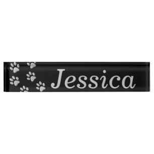 Silver Dog Paws black Background Print Pattern Nameplate