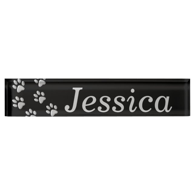 Silver Dog Paws black Background Print Pattern Nameplate (Front)