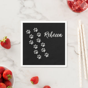 Silver Dog Paws black Background Print Pattern Napkin
