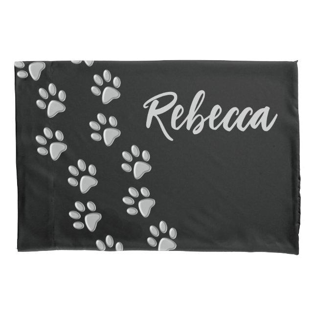 Silver Dog Paws black Background Print Pattern Pillowcase (Front)