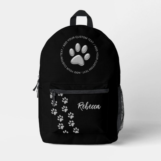 Silver Dog Paws black Background Print Pattern  Printed Backpack (Front)
