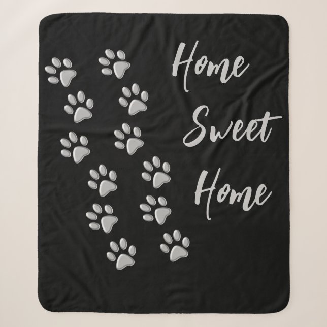 Silver Dog Paws black Background Print Pattern Sherpa Blanket (Front)