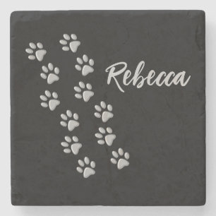 Silver Dog Paws black Background Print Pattern Stone Coaster