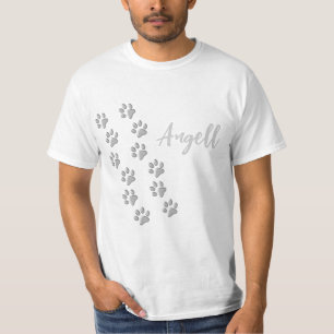 Silver Dog Paws black Background Print Pattern T-Shirt