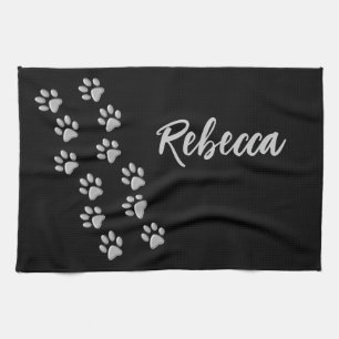 Silver Dog Paws black Background Print Pattern Tea Towel