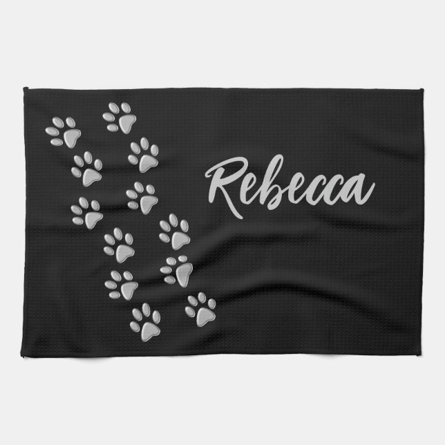 Silver Dog Paws black Background Print Pattern Tea Towel (Horizontal)