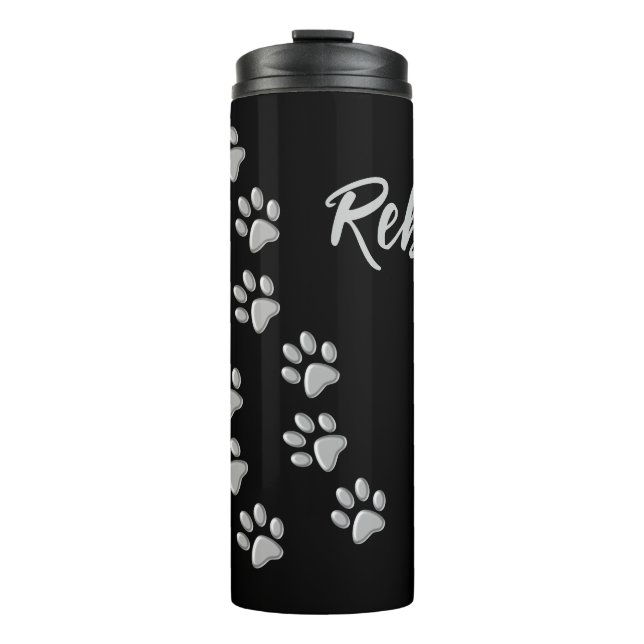 Silver Dog Paws black Background Print Pattern Thermal Tumbler (Front)
