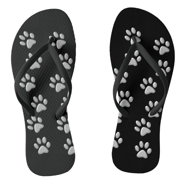 Silver Dog Paws black Background Print Pattern Thongs (Footbed)