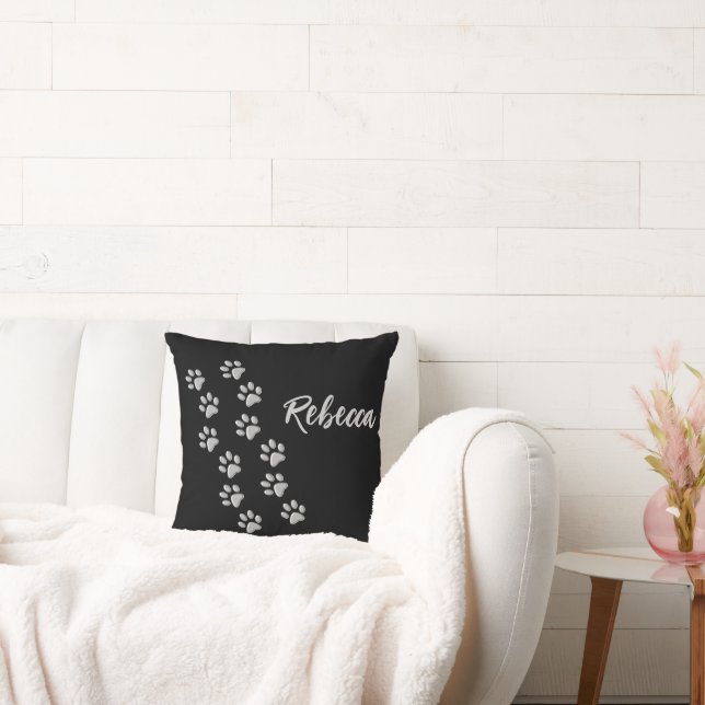 Silver Dog Paws black Background Print Pattern Thr Cushion (Couch)
