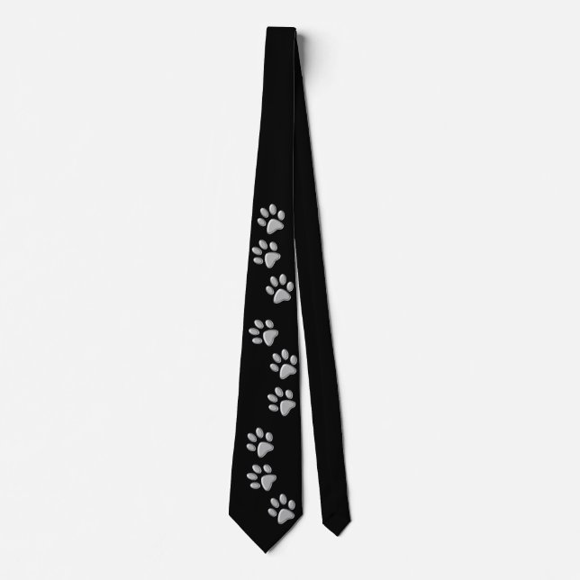 Silver Dog Paws black Background Print Pattern Tie (Front)