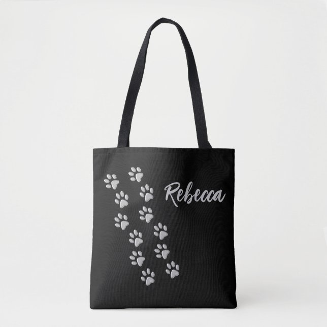 Silver Dog Paws black Background Print Pattern Tote Bag (Front)