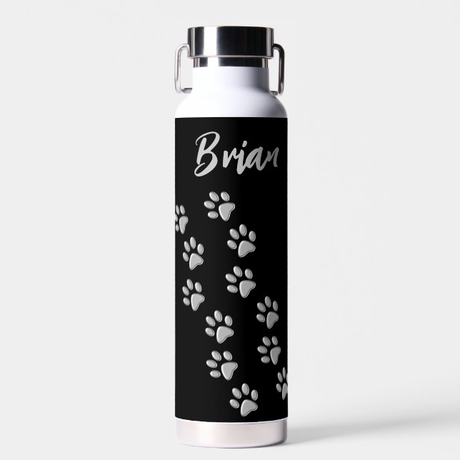 Silver Dog Paws black Background Print Pattern Water Bottle (Front)