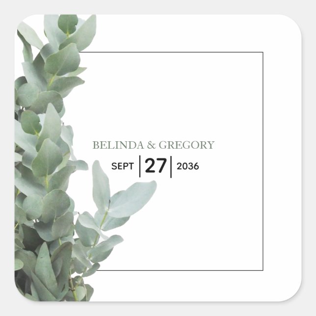 Silver Dollar Eucalyptus Wedding Square Sticker (Front)