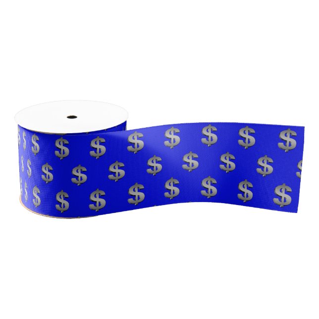 Silver Dollar Signs On Blue Grosgrain Ribbon (Spool)