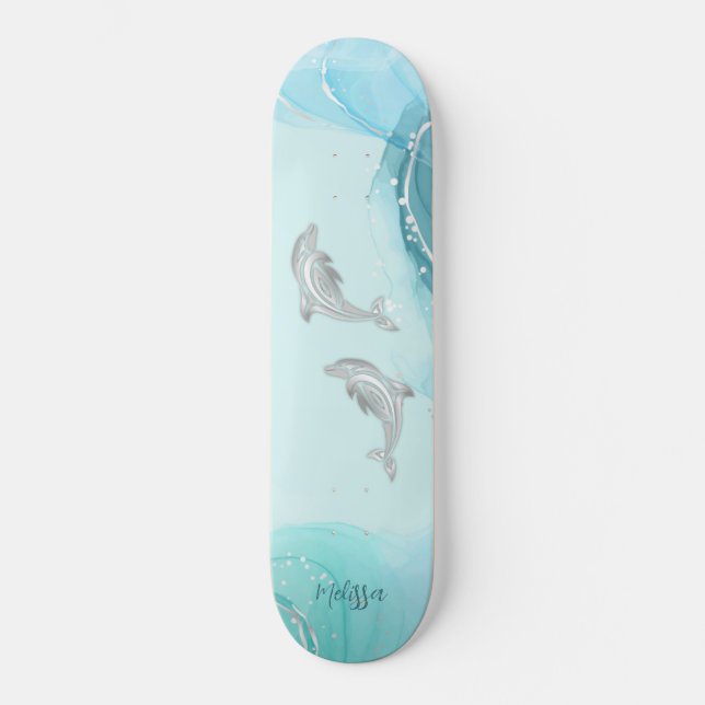 Silver Dolphins Wave Coastal Your Name  Skateboard (Front)