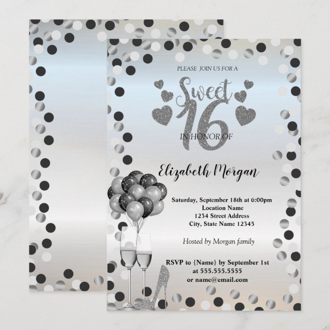 Silver Dots ,Glass,Ballons Sweet 16 Party Invitation (Front/Back)
