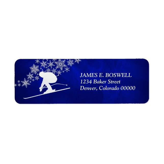 Silver Downhill Snow Skier on Blue Return Address Label (Front)