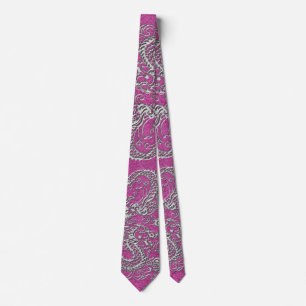 Silver Dragon on Magenta Pink Leather Texture Tie