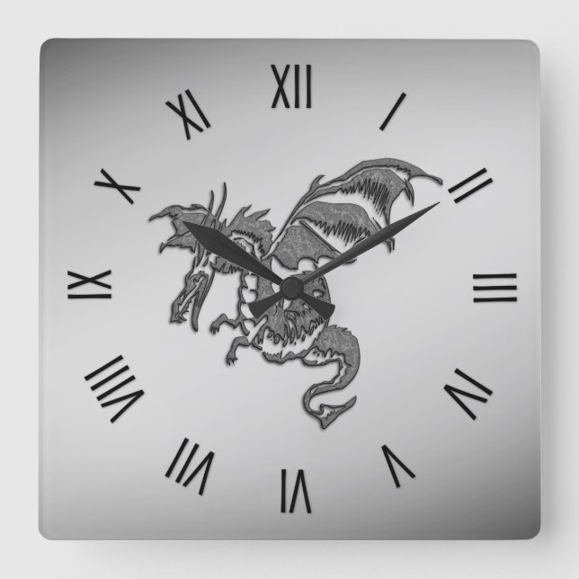 Silver Dragon Roman Numerals Square Wall Clock (Front)
