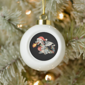 Silver Dragon Santa Hat Christmas Lights Present Ceramic Ball Christmas Ornament