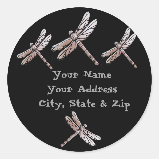 Silver Dragonflies on Black address stickers (Front)