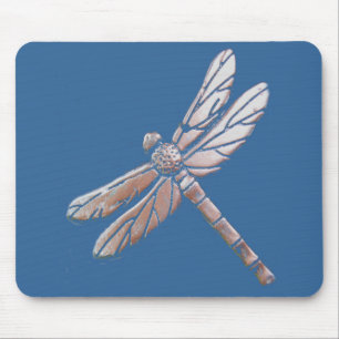 Silver Dragonfly on blue background Mouse Pad
