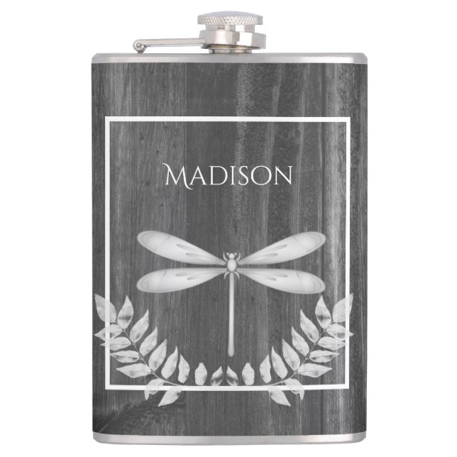 Silver Dragonfly Rustic Flask (Front)