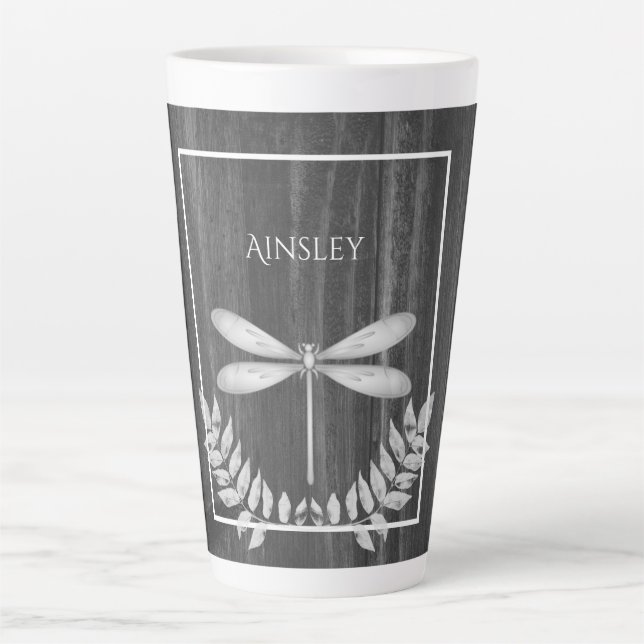 Silver Dragonfly Rustic Personalised Latte Mug (Front)