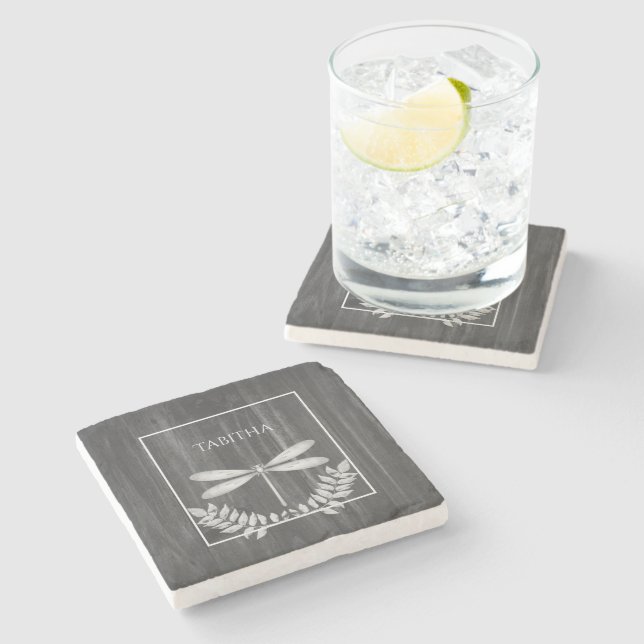 Silver Dragonfly Rustic Personalised Stone Coaster (Side)