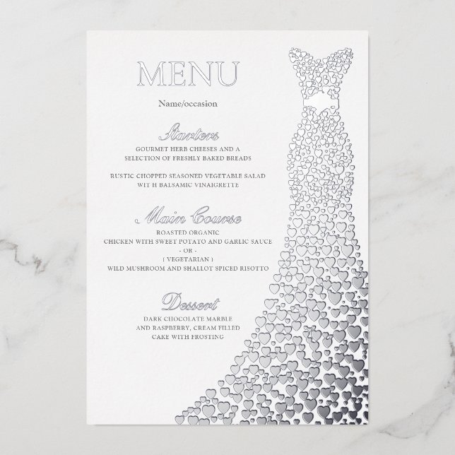 Silver Dress Birthday Party or Bridal Shower Menu (Front)