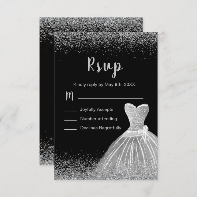 Silver Dress Faux Glitter Quinceanera  RSVP Card (Front/Back)