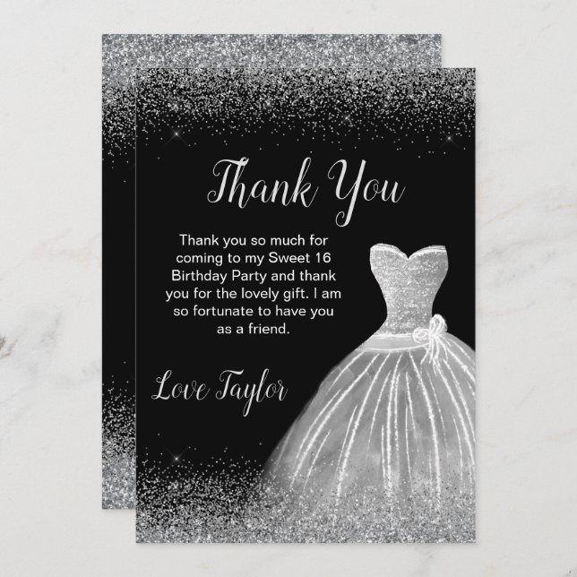 Silver Dress Faux Glitter Sweet 16 Birthday Thank You Card (Front/Back)