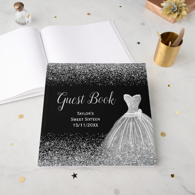 Silver Dress Faux Glitter Sweet 16  Guest Book (Front Open)