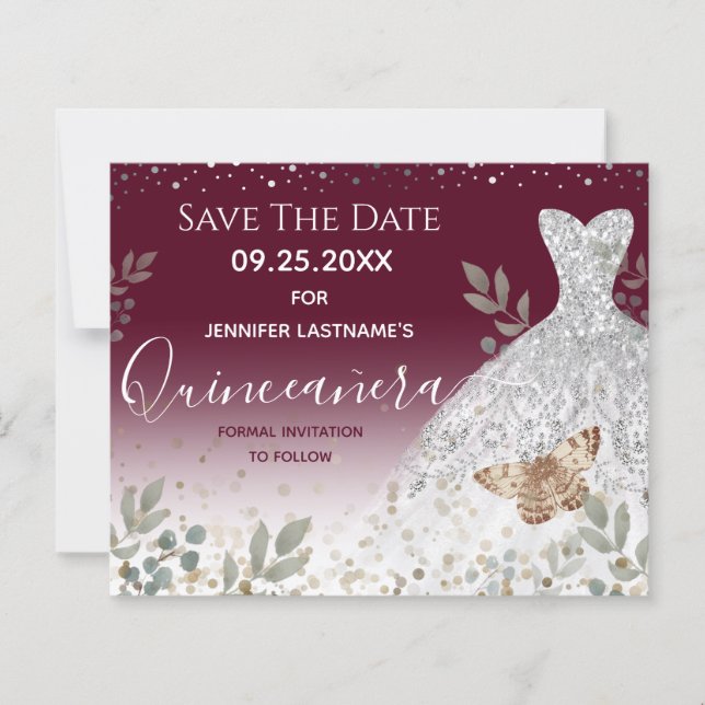 Silver Dress Floral Quinceanera Save the Date (Front)