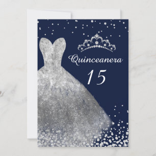 Silver Dress Gown Navy Quinceanera Party 15th Invitation