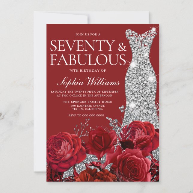 Silver Dress Gown Red Floral 70th Birthday Party Invitation (Front)