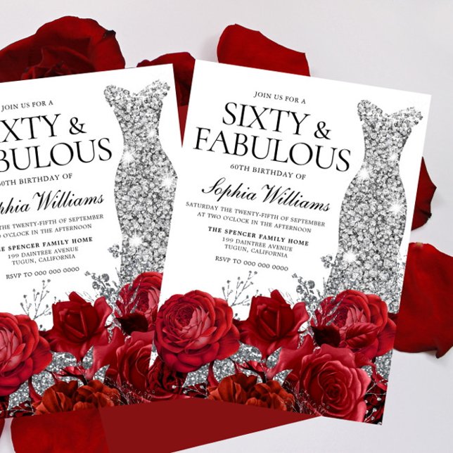 Silver Dress Gown Red Roses 60th Birthday Party Invitation (Creator Uploaded)