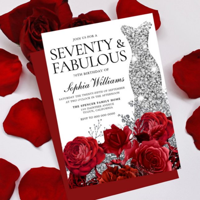 Silver Dress Gown Red Roses 70th Birthday Party Invitation (Creator Uploaded)