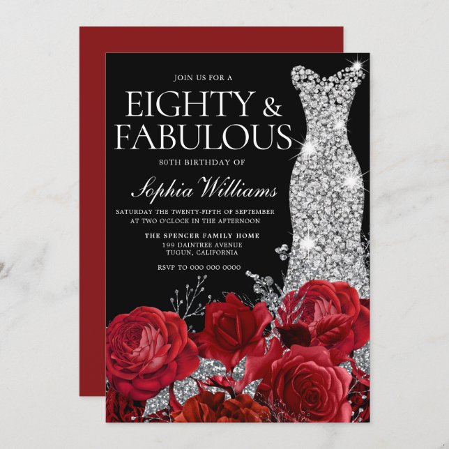Silver Dress Gown Red Roses 80th Birthday Black Invitation (Front/Back)
