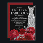 Silver Dress Gown Red Roses 80th Birthday Black Invitation<br><div class="desc">Silver Dress Gown Red Roses 80th Birthday Black Invitation

See matching collection in Niche and Nest Store

Many thanks</div>