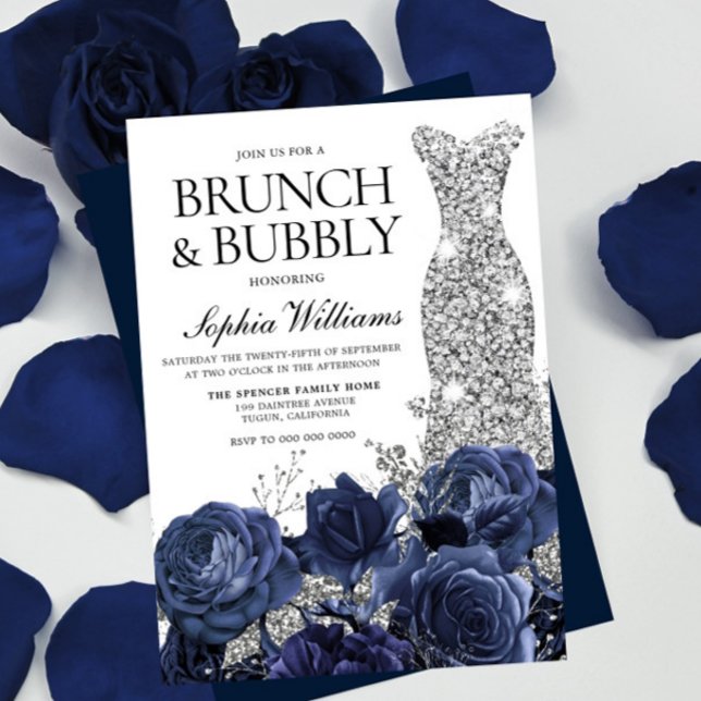 Silver Dress Navy Brunch & Bubbly Bridal Shower Invitation (Creator Uploaded)