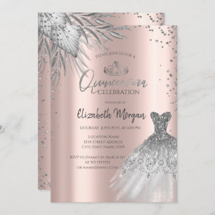 Silver Dress,Pampas Flowers Rose Gold Quinceañera Invitation