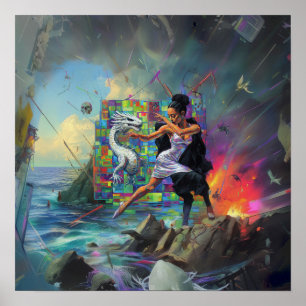 Silver Dress Priestess Witchy AI Art Matte Value Poster