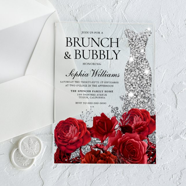 Silver Dress Red Rose Brunch Bubbly Bridal Shower  Acrylic Invitations (Creator Uploaded)