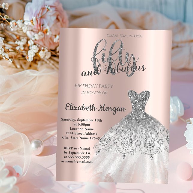 Silver Dress, Rose Gold 50th Birthday Party  Invit Invitation (Creator Uploaded)