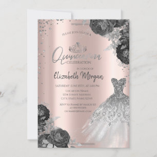 Silver Dress Roses Diamonds Rose Gold Quinceañera Invitation