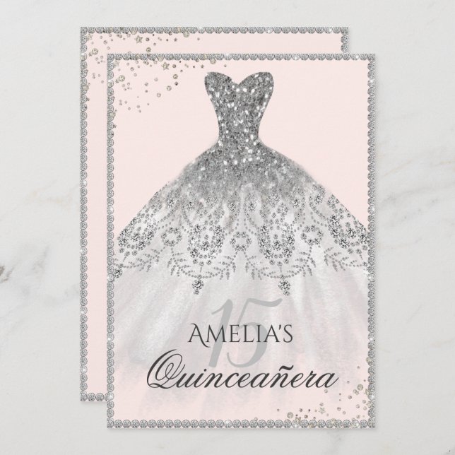 Silver Dress Sparkle 15th Quinceanera Invitation (Front/Back)